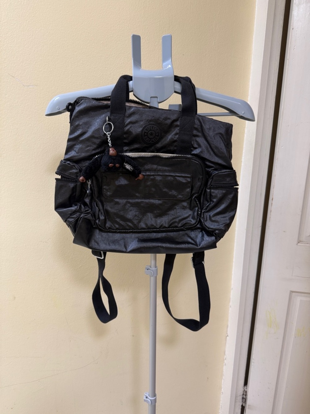 Black Shiny Backpack with Monkey Keychain